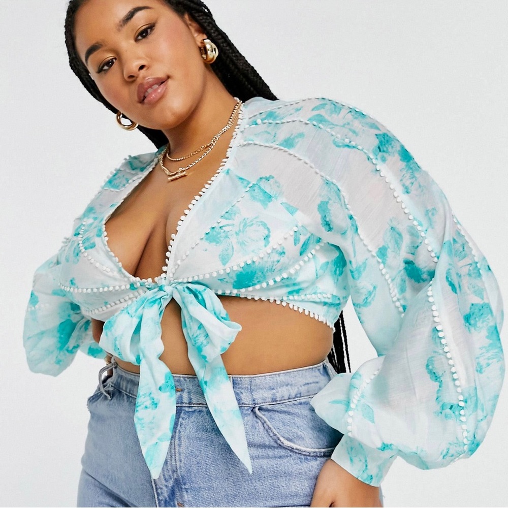 ASOS Floral Tie Front Blouson Sleeve Crop Top With Open Back Detail & Lace Trim
